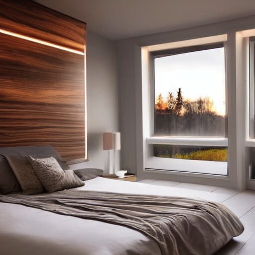 a futuristic furnished bedroom with a large window at sunset, godrays, luxury white bed, warm lighting