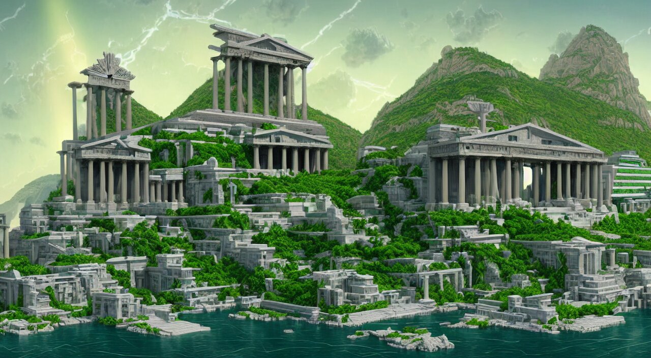 
a matte painting futurist of a green water city of Atlantis grec greeble temple olymp glory in sun shaft zeus sky tower statue pantheon ivy plant grow flower in white marble gold incrusted of legends adn red flag dynasty by Frank Lloyd Wright and Zaha Hadid torch volume light stylized illustration  digital airbrush painting, 3d rim light, hyperrealistic masterpiece, artstation, cgsociety, kodakchrome, golden ratio waterfall


