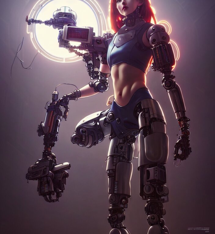 full body painting of chuu loona cyberpunk mercenary smiling and fighting a robot, ultra realistic, concept art, intricate details, eerie, highly detailed, photorealistic, octane render, 8 k, unreal engine. art by artgerm and greg rutkowski and magali villeneuve and alphonse mucha 