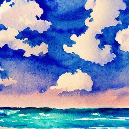 a beautiful watercolor painting of a beautiful ocean with peaceful fluffy clouds in the sky 