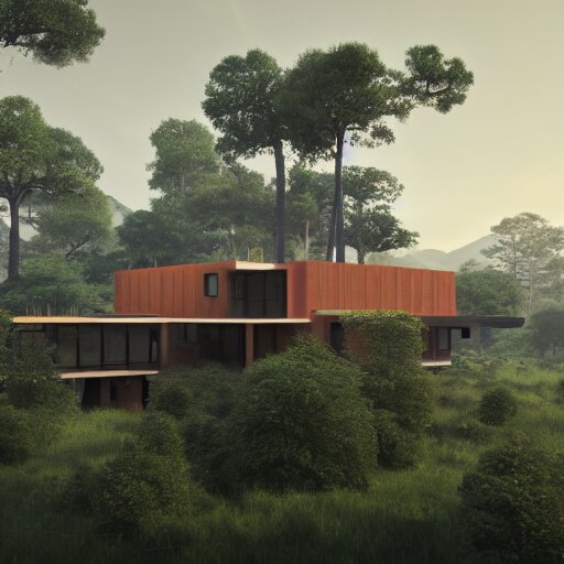 rectangular modernist house inspired by a tibetan palace, surrounded by thick collumns, two levels, in a field, big trees, clouds, dramatic lighting, artstation, matte painting, raphael lacoste, simon stalenhag, frank lloyd wright, drone view 