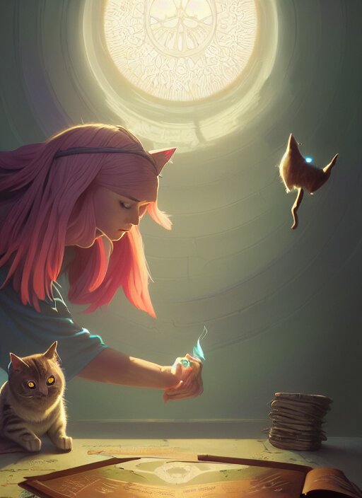 highly detailed portrait of a cat mage wearing a magical robe, stephen bliss, unreal engine, greg rutkowski, loish, rhads, beeple, makoto shinkai and lois van baarle, ilya kuvshinov, rossdraws, tom bagshaw, tom whalen, alphonse mucha, global illumination, god rays, detailed and intricate environment 