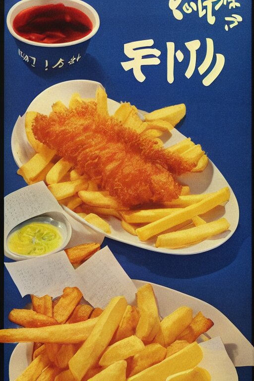 fish and chips advertisment, still life, 1 9 7 0 s japan shouwa advertisement, print, nostalgic 