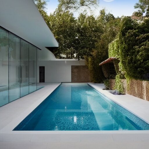 a new swimming pool in a large white room with a door that leads to a gray room with on light on in it. dream like. 