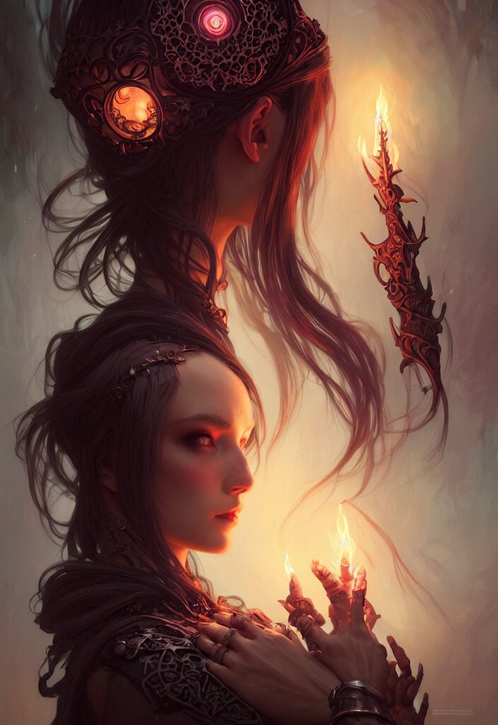 Necromancer Sorceress, fantasy magic, undercut hairstyle, dark light night, intricate, elegant, sharp focus, illustration, highly detailed, digital painting, concept art, matte, art by WLOP and Artgerm and Greg Rutkowski and Alphonse Mucha, masterpiece