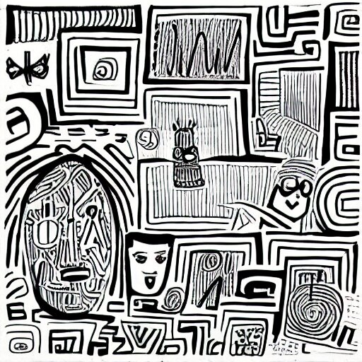 black and white composition of a variety of doodles, drawings, faces, symbols, cartoons, lineart, chinese ink brush 