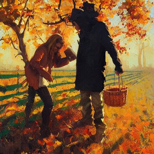 a brother and sister paying catch in autumn. phil hale. rhads. repin. 