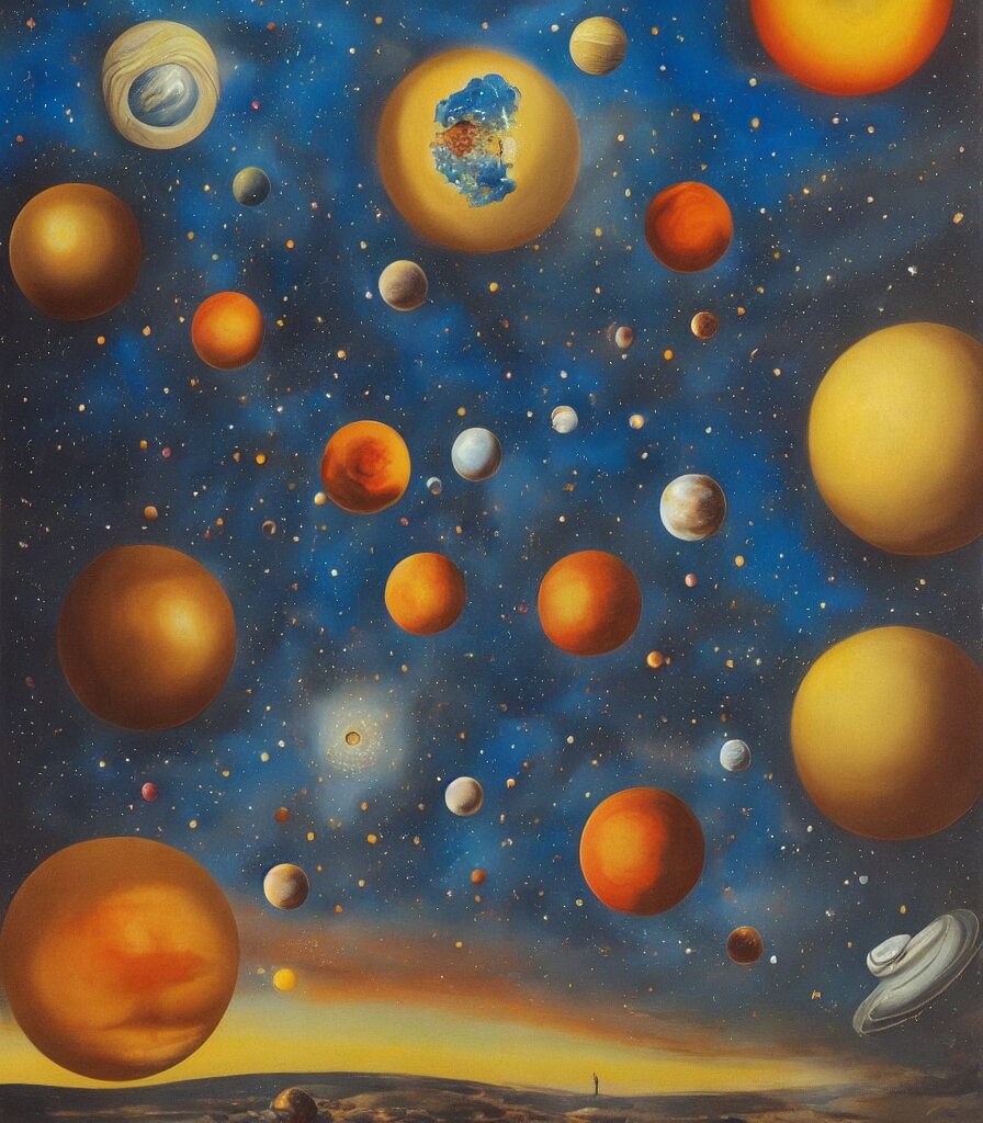 a beautiful surrealistic painting of planets and stars in the universe by salvador dali, trending on artstation., oil painting 