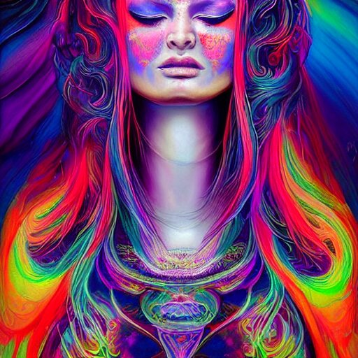 a psychedelic chakra awakening kundalini ethereal portrait of kim petras with her eyes closed transcending to a higher plane of existence, eternal blessing, multiverse, by android jones, by ben ridgeway, by ross draws, by noah bradley, by maciej kuciara, visionary art, oil painting, artgerm, featured on artstation, cgsociety, greg rutkowski 