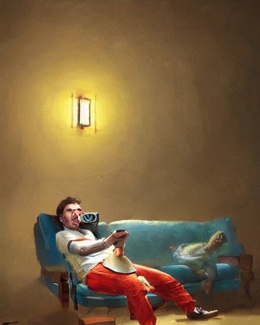 hyper realistic oil painting of toad watching a tv movie on the couch, back camera shot, vibrant colors, high contrast, by greg rutkowski, trending on artstation, caricaturist 