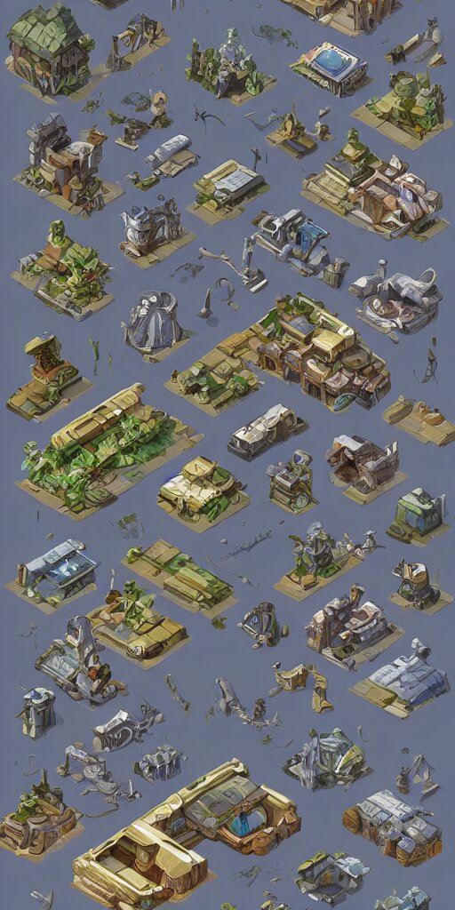 houses and shops with detailed architecture. old wrecked alien spaceships. pixel art asset sheet. isometric perspective. concept art. science fiction. 