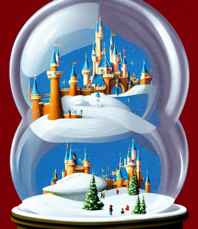 an achingly beautiful print of one cylindrical snow globe with disneyland inside by raphael, hopper, and rene magritte. detailed, proportional, romantic, vibrant, enchanting, trending on artstation 