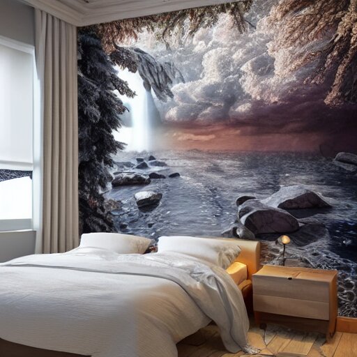 a cozy bedroom interior with wall murals painted by a genius, detailed, high resolution, wow!, intricate, volumetric lighting, raytracing 