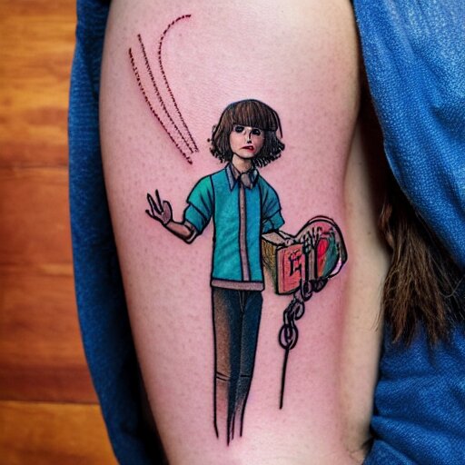 big stranger things logo tattoo ed on the back of a beautiful woman lying on a wood parket 