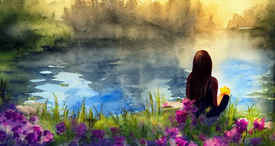 watercolor painting of flowers by the lake, dramatic lighting, peaceful, girl sitting, 