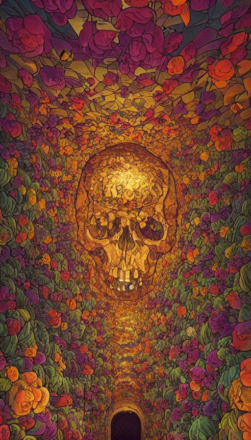 The luminous cavern of floral skulls, italian futurism, Dan Mumford, da vinci, Josan Gonzalez