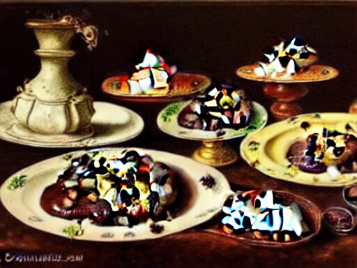 opulent banquet of plates of freshly baked chocolate chip cookies, jelly beans, chocolate sauce, marshmallows, highly detailed, food photography, art by rembrandt 