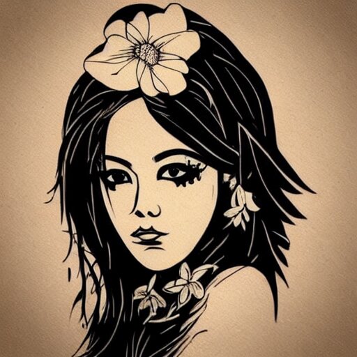 tattoo design, stencil, beach photography, tattoo stencil, traditional, beautiful portrait of a traditional Hawaiian girl with flowers in her hair, upper body, by artgerm, artgerm, artgerm, digital art, cat girl, anime eyes, anime, sexy, super model-s 100