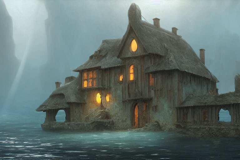 submerged underwater!!!! on the ocean floor, a typical european house with a slate roof, school of fishes, scenic view, matte painting by christophe vacher and hubert robert, trending on artstation 