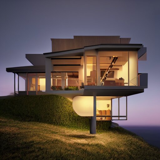 realistic extremely detailed photo real portrait painting of a mid-century modern house on cliff, in moon light, elegant, moody vibrant colors, herman miller, octane render, 4k