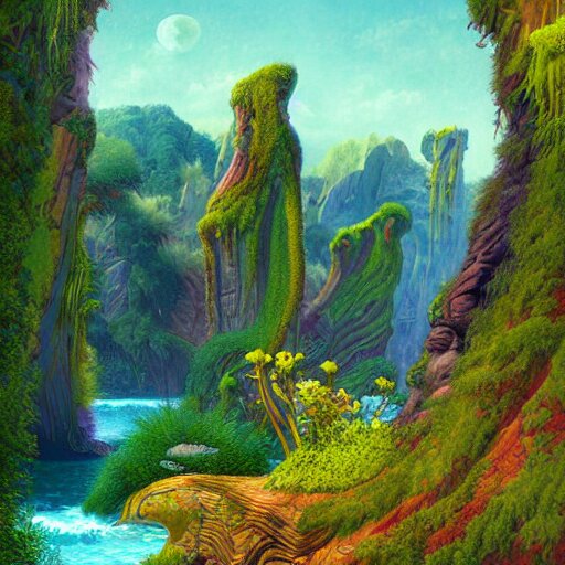 digital painting of a lush natural scene on an alien planet by gerald brom. digital render. detailed. beautiful landscape. colourful weird vegetation. cliffs and water. 