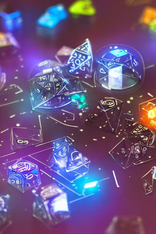 closeup, of one futuristic sci-fi Twenty sided dice, in the background players at a table that are in still high tech suites, bokeh, sharp focus, intricate concept art, highly detailed, 8k, cinematic, sharp focus