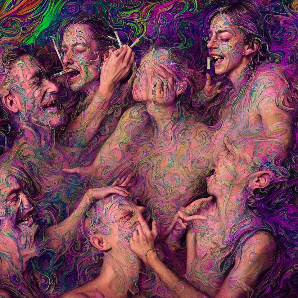 happy psychedelic portrait of friends smoking dmt and becoming gods, smiling and crying, old and young, diffuse lighting, fantasy, intricate, elegant, highly detailed, lifelike, photorealistic, digital painting, artstation, concept art, smooth, sharp focus, art by john collier and albert aublet and jenny saville and artem demura and francis bacon 