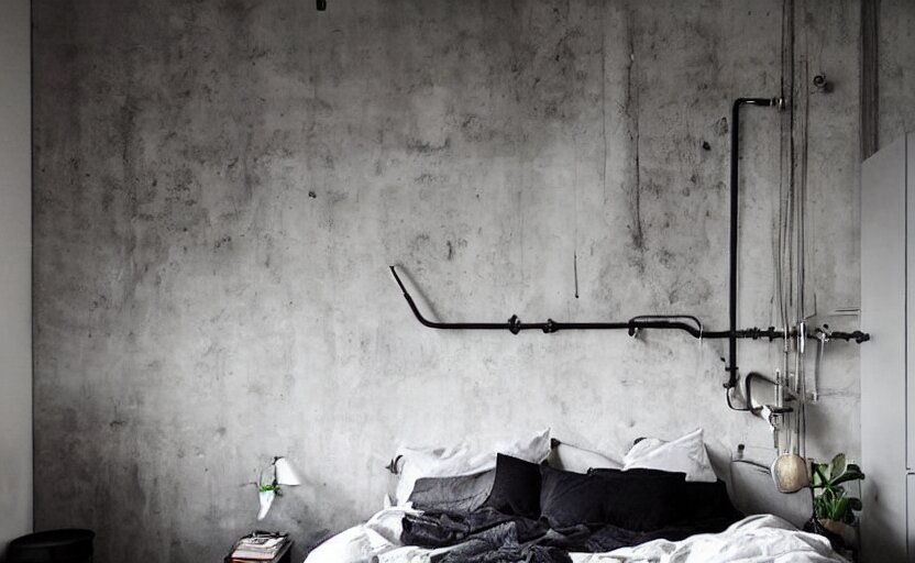 berlin style compact bedroom interior, concrete, punk design, bed, neon lights, modernism, white, beige, black, minimalism, blackboard, industrial, pipes, little windows, plants 