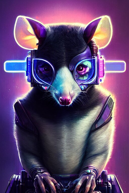 a beautiful portrait of a cute cyberpunk opossum aaaaaaaaaa by sandra chevrier and greg rutkowski and wlop, purple blue color scheme, high key lighting, volumetric light, digital art, highly detailed, fine detail, intricate, ornate, complex, octane render, unreal engine, photorealistic 