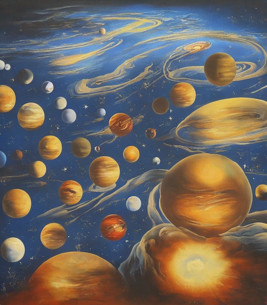 a beautiful surrealistic painting of planets and stars in the universe by salvador dali, trending on artstation., oil painting 