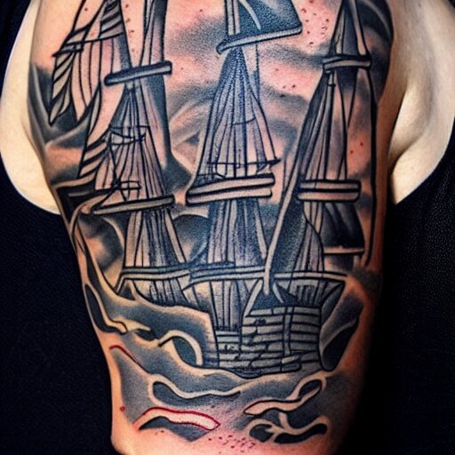 A pirate ship tattoo design in the design of Dmitriy Samohin