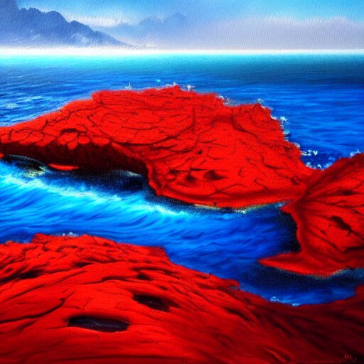 A gorgeous detailed oil painting of a red sea covered in big blue rocks, the further away the mistier it gets, dark aesthetic, atmospheric, moody, highly detailed, masterpiece, award winning, 4k