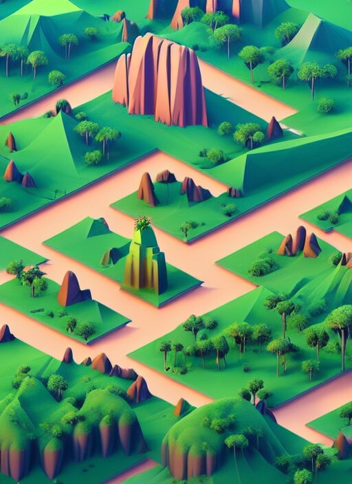 a low poly isometric render of madagascar with baobab trees in the style of monument valley, intricate, elegant, smooth shading, soft lighting, illustration, simple, solid shapes, by magali villeneuve, jeremy lipkin and michael garmash, rob rey and kentaro miura style, octane render, zaha hadid, midsommar 