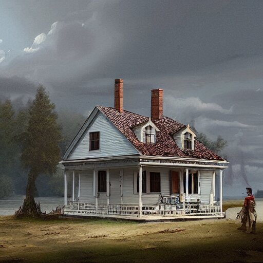 colonial house on the shore of Lake Huron, felix Kelly, artstation, Matte painting