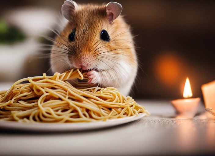 photo of a hamster eating spaghetti, at night, candlelit restaurant table, various poses, unedited, soft light, centered, sharp focus, 8 k 