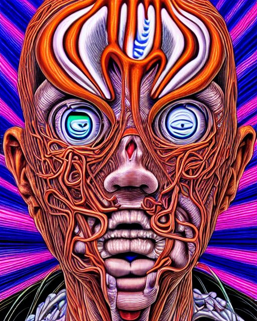 Human Body breaking away, Conjuring Psychedelic Illustration, part by Shintaro Kago, part by Alex Gray, ultra realistic, highly detailed, 8k, symmetry, fractals, grotesque, vibrant,