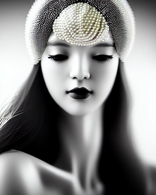 black and white dreamy young beautiful veiled female artificial intelligence, realistic pearl ornament in the face, long hair are intricate with highly detailed realistic pearls, cinematic, rim light, bokeh, photo - realistic, elegant, high detail, 8 k, masterpiece, photo taken in 1 9 3 0 