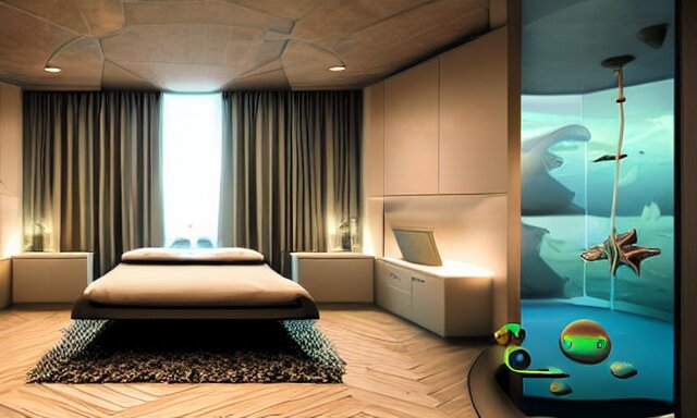 a futuristic bedroom deep under the sea, photorealistic magazine picture, studio lighting, cozy, extremely detailed and realistic 