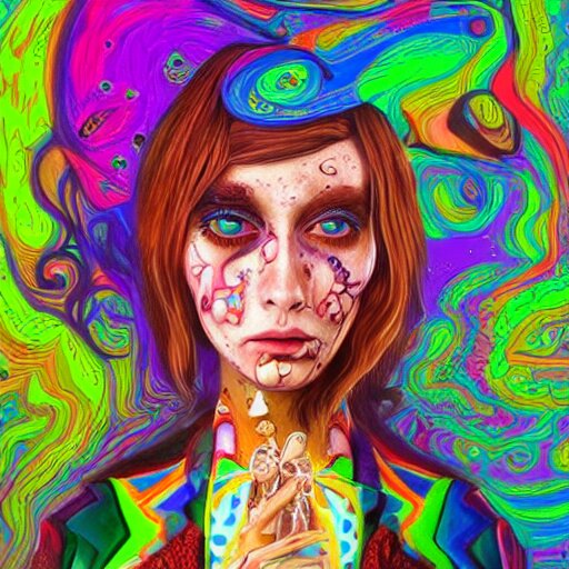 An extremely psychedelic portrait of Alice , in wonderland , surreal, LSD, face, detailed, intricate, elegant, lithe, highly detailed, digital painting, artstation, concept art, smooth, sharp focus, illustration