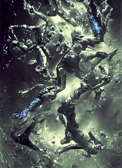 astronauts divers in dark void underwater - complex and hyperdetailed technical suit design. reflection and dispersion materials. rays and dispersion of light. volumetric light. f / 3 2. noise film photo. flash photography. ultra realistic, 5 0 mm. poster by wayne barlowe, hajime sorayama aaron horkey, craig mullins 