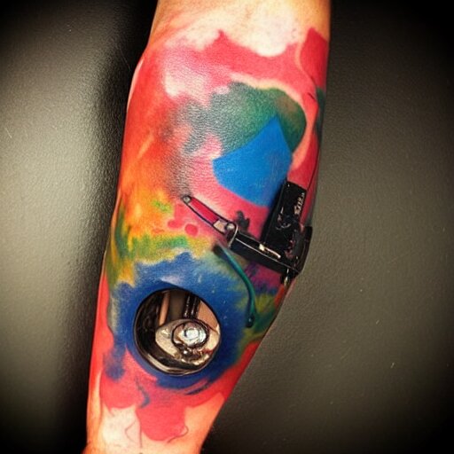 arm tattoo of a 3 d hole in the skin with multicolored robotic mechanics inside under the skin, insanely integrate, 3 d 