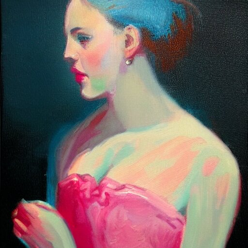 romantic painted portrait of a modern woman. has a bit of cyan and pink. masterpiece 