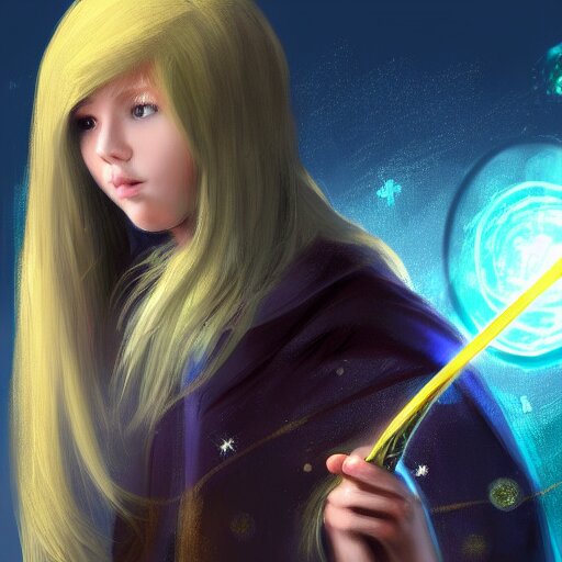 A young mage with blonde hair holding a magical wand. Fantasy, digital painting, HD, 4k, detailed.