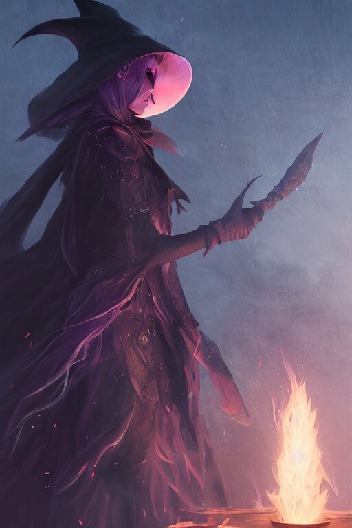 a beautiful dark magician girl with a large witches hat that covers her face by Greg Rutkowski, Sung Choi, Mitchell Mohrhauser, Maciej Kuciara, Johnson Ting, Maxim Verehin, Peter Konig, final fantasy , mythical, 8k photorealistic, cinematic lighting, HD, high details, atmospheric,