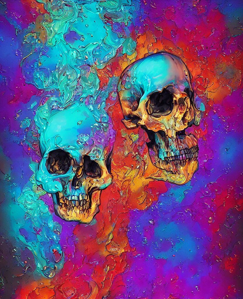 illustration of a colorfull melting human skull. flowers and blossoms, ferrofluids, burning water distortions. intricate abstract. intricate artwork. by tooth wu, wlop, beeple, dan mumford. octane render, trending on artstation, greg rutkowski very coherent symmetrical artwork. cinematic, hyper realism, high detail, octane render, 8 k, depth of field, bokeh. iridescent accents 