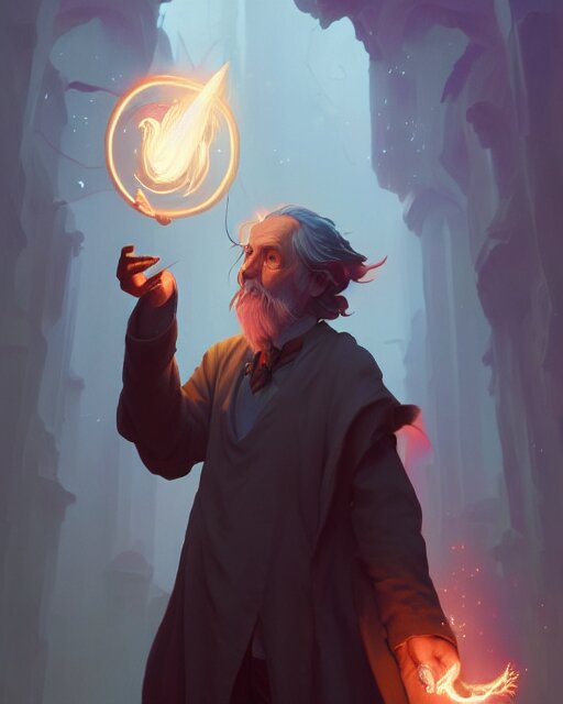 highly detailed vfx portrait of an old mage casting a light spell, unreal engine, greg rutkowski, loish, rhads, beeple, makoto shinkai and lois van baarle, ilya kuvshinov, rossdraws, tom bagshaw, alphonse mucha, global illumination, detailed and intricate environment 