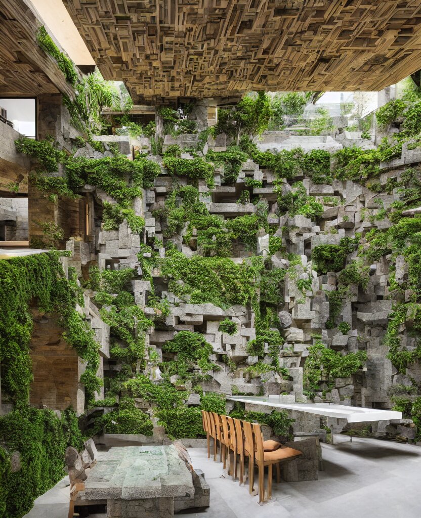 a stunning interior of a split - level villa with a swimming pool, intricately stacked and iteratively interlocked stone blocks in the style of ennis house, extremely coherent, fusion of frank lloyd wright and carlo scarpa, people are sitting at a table eating dinner, plants and moss and ivy growing on the stones, indoor picture, long shot, architectural photography 