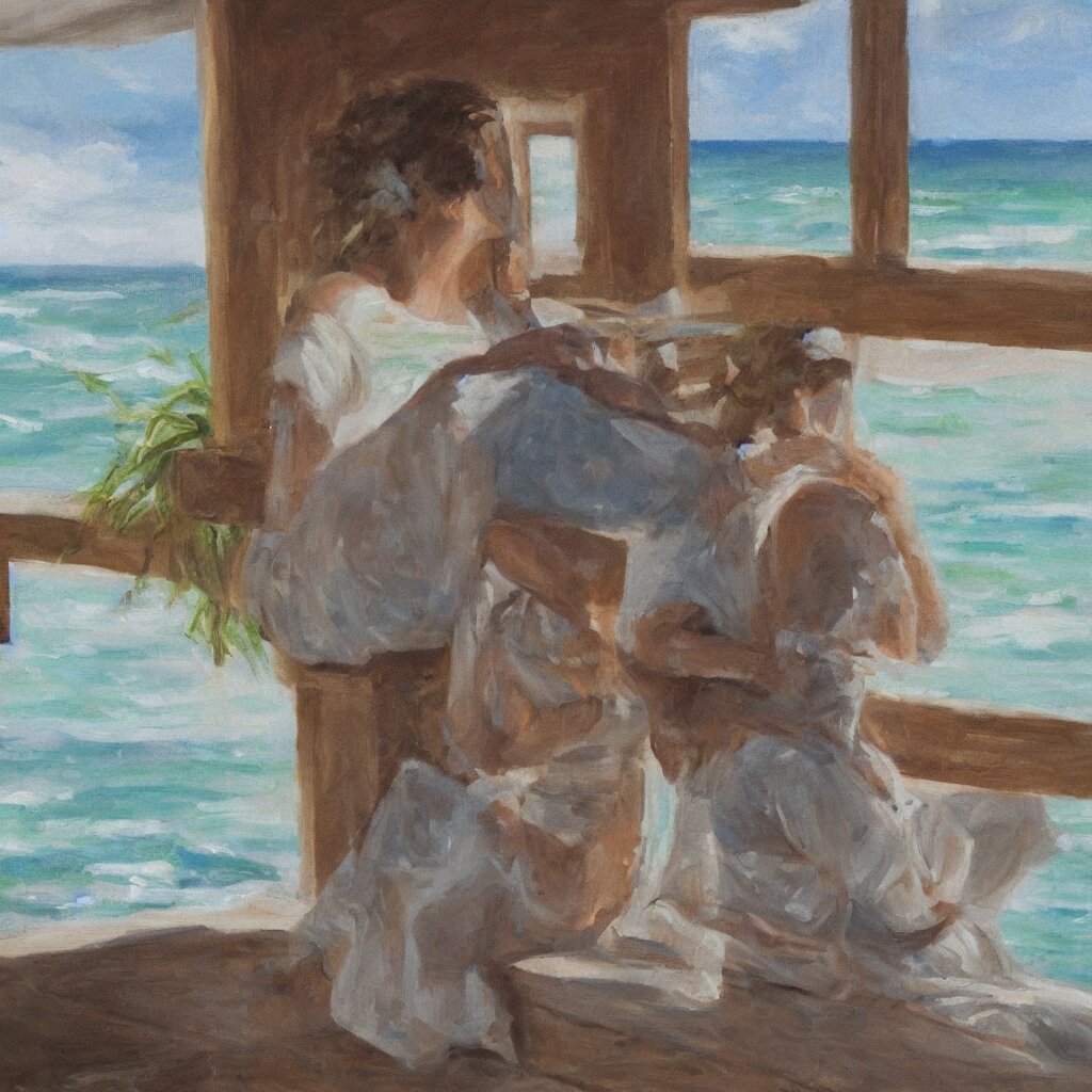 a beautiful woman with freckles sitting on the porch of a one-story house in the caribbean watching the sea, realistic, oil on canvas