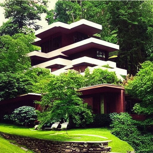 “ an idyllic hill with many small frank lloyd wright houses with cute stylized smoke rising from their chimneys ” 