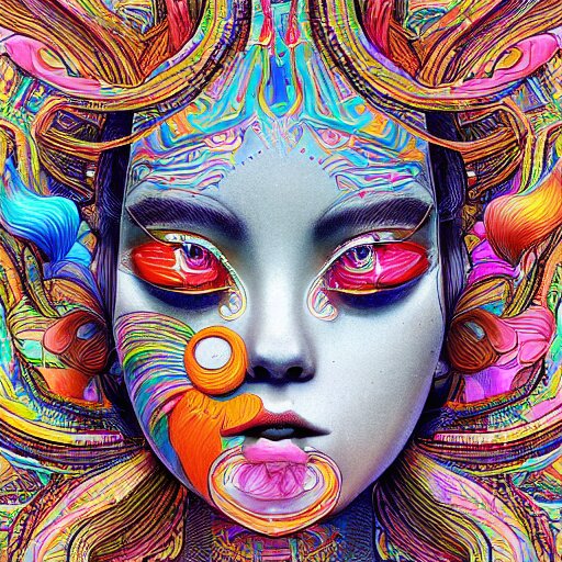 the face of an unbelievably beautiful and pretty japanese girl partially made of onion rings of all colors looking down, an ultrafine detailed illustration by james jean, final fantasy, intricate linework, bright colors, behance contest winner, vanitas, angular, altermodern, unreal engine 5 highly rendered, global illumination, radiant light, detailed and intricate environment 